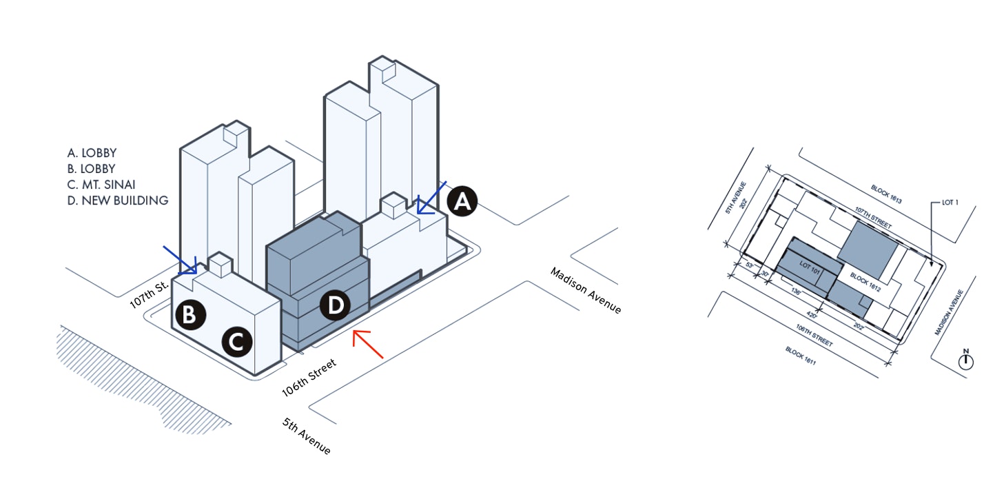 3D architectural massing diagram of a city block viewed from the northeast, showing a proposed mid-rise building in green and red, surrounded by taller existing buildings.